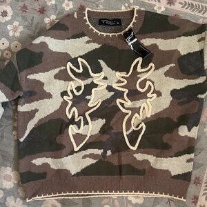 Lucky & Blessed Camouflage Crewneck Sweater in Brown, Green & Cream
